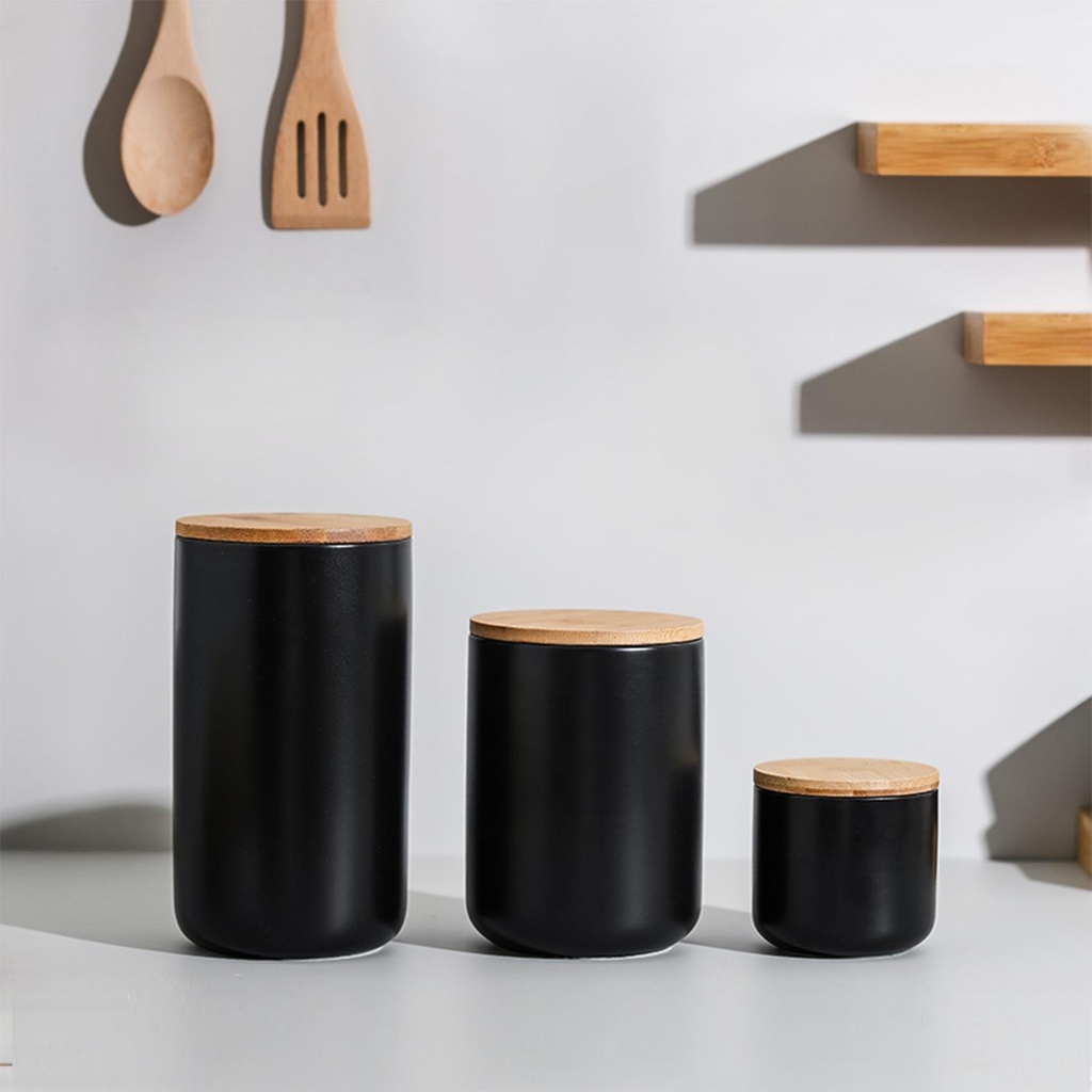 Contenedor Cerámica Hermético Tapa Madera M Blanco Simplit 4