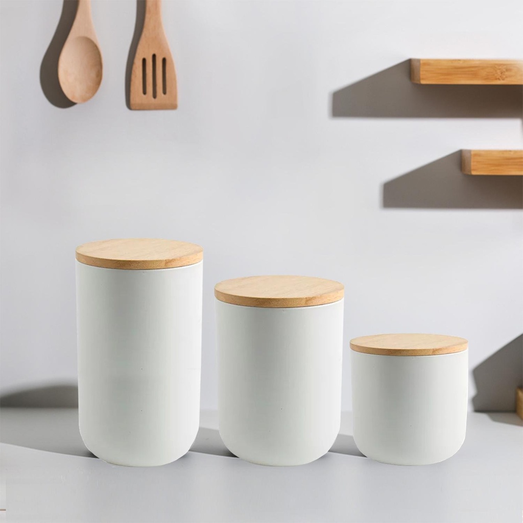 Contenedor Cerámica Hermético Tapa Madera M Blanco Simplit 8