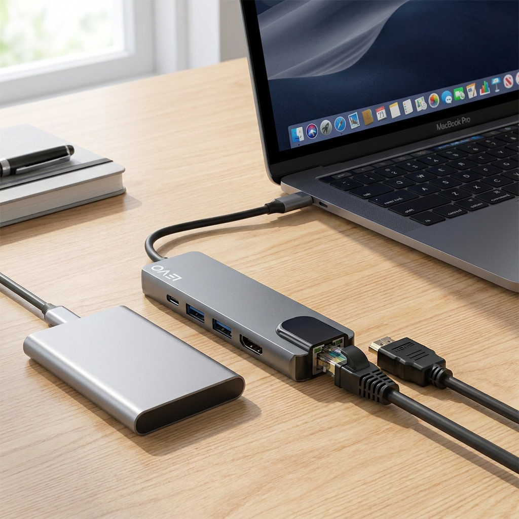 Hub USB-C Adaptador Multipuerto 5 en 1 - a desk with a laptop and external drive, day