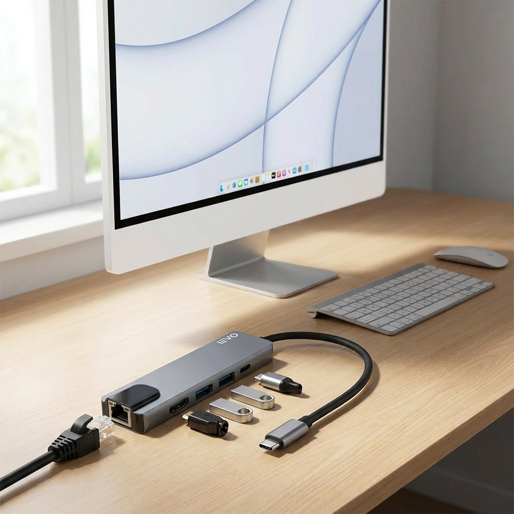 Hub USB-C Adaptador Multipuerto 5 en 1 - a minimalist workspace with a monitor