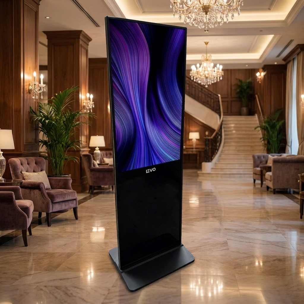 Tótem LEVO en el lobby de un hotel