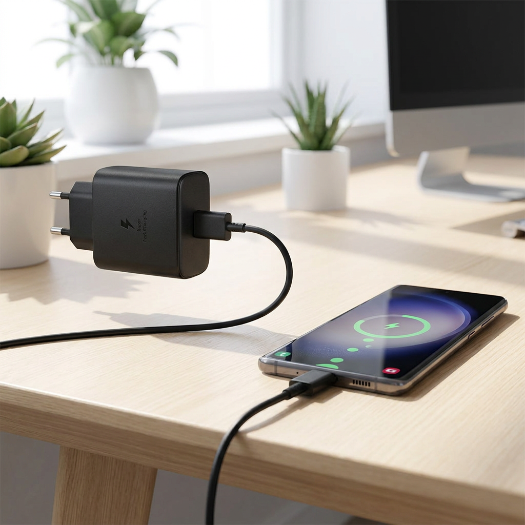 Cargador Ultra Rapido De Pared 45W USB - a clean desk with a phone charging