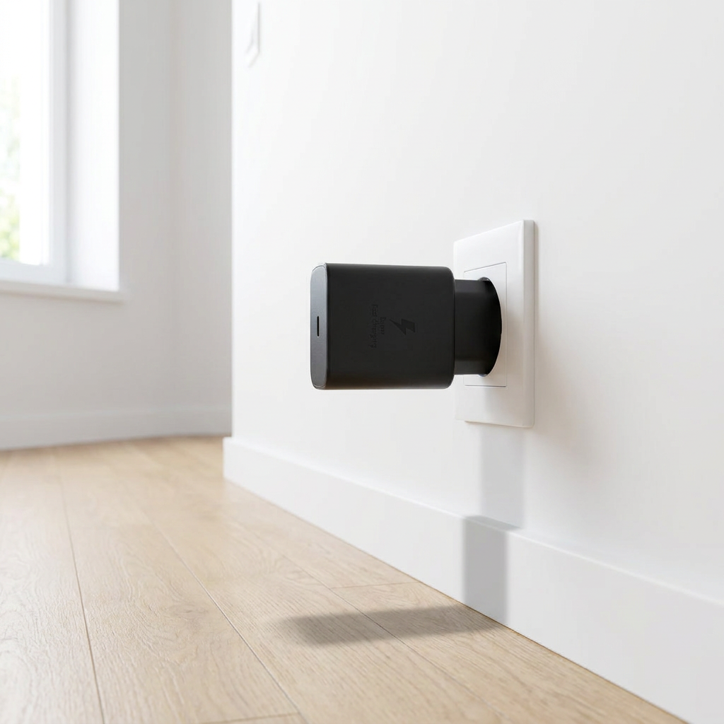 Cargador Ultra Rapido De Pared 45W USB - a minimalist wall outlet in a bright hallway