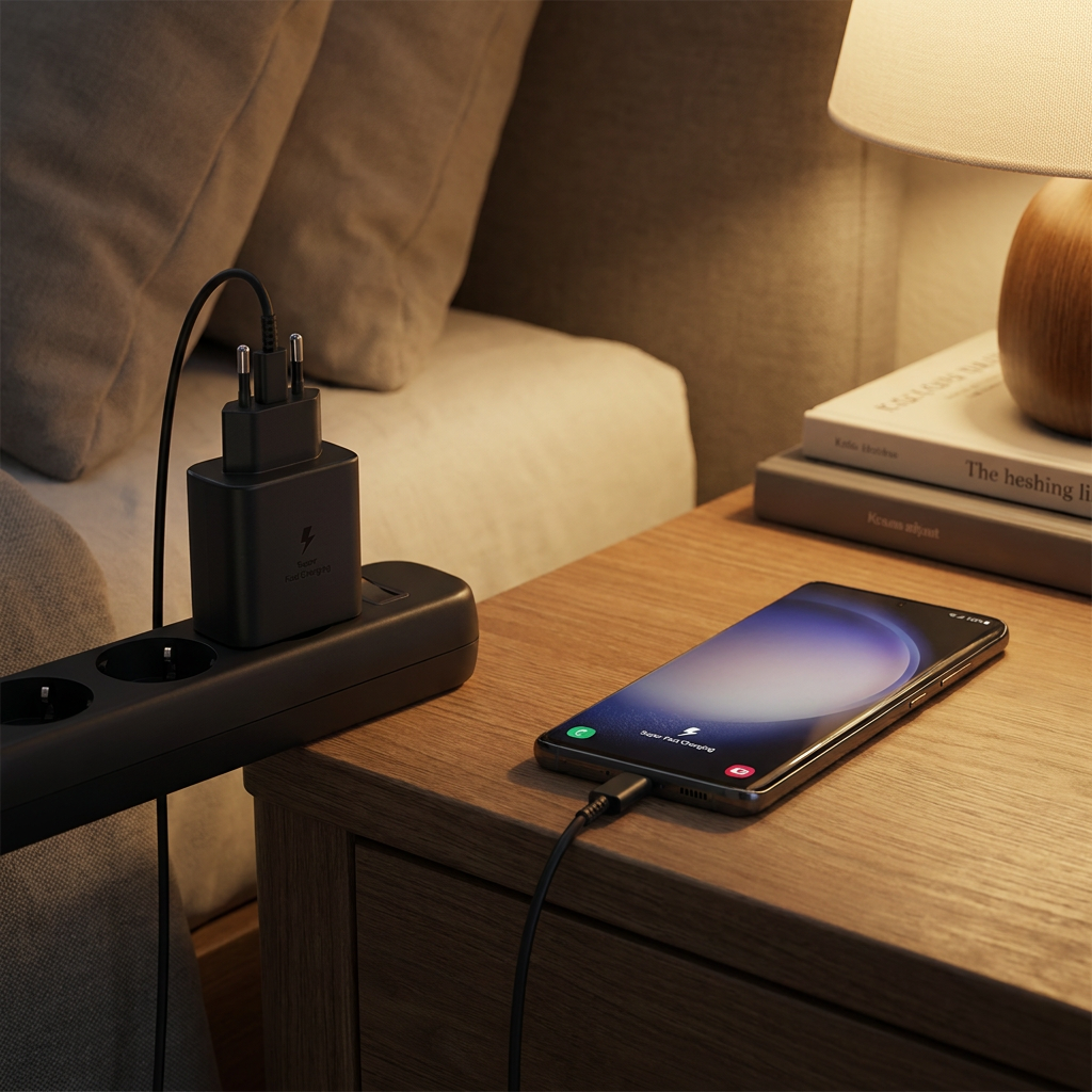 Cargador Ultra Rapido De Pared 45W USB - on a bedside table charging a phone, warm li