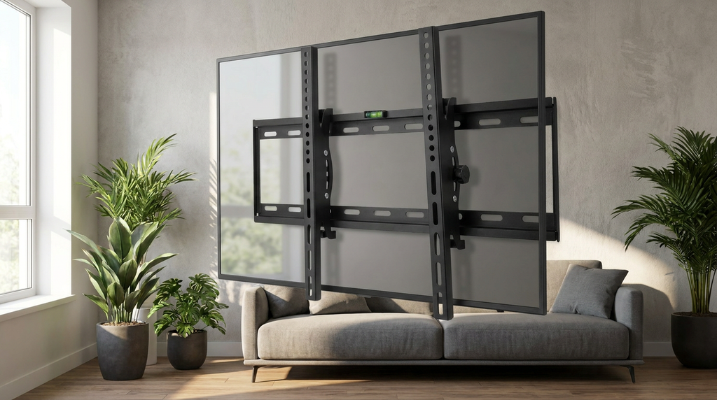 Soporte de Tv Ajustable 32 a 72" LEVO - a modern living room wall with a large flat 