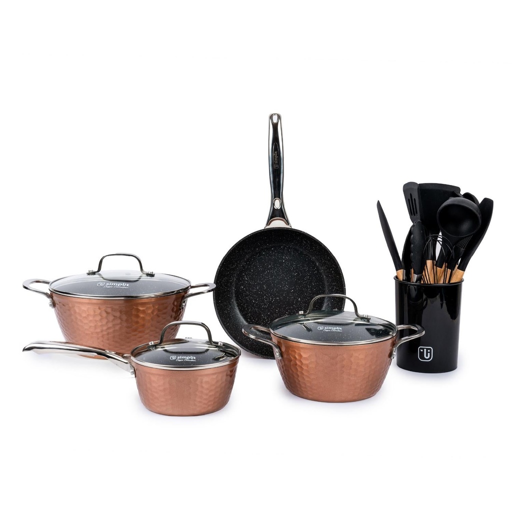 Batería Cocina Copper 7pzs + Set 12 Utensilios Negro Simplit 1