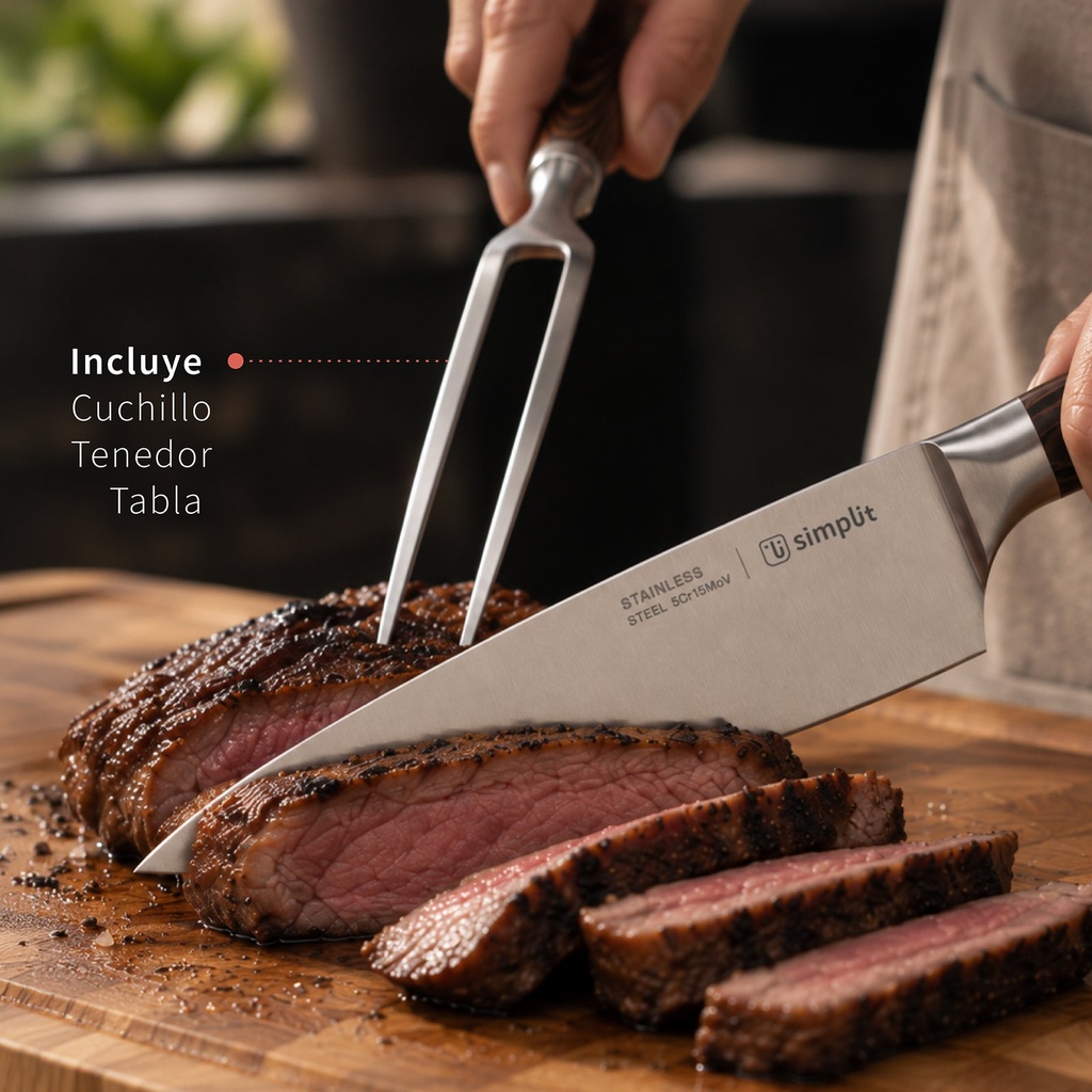 Pack Parrillero Cuchillo 21cm y Tenedor + Tabla 40x28cm Simp 2