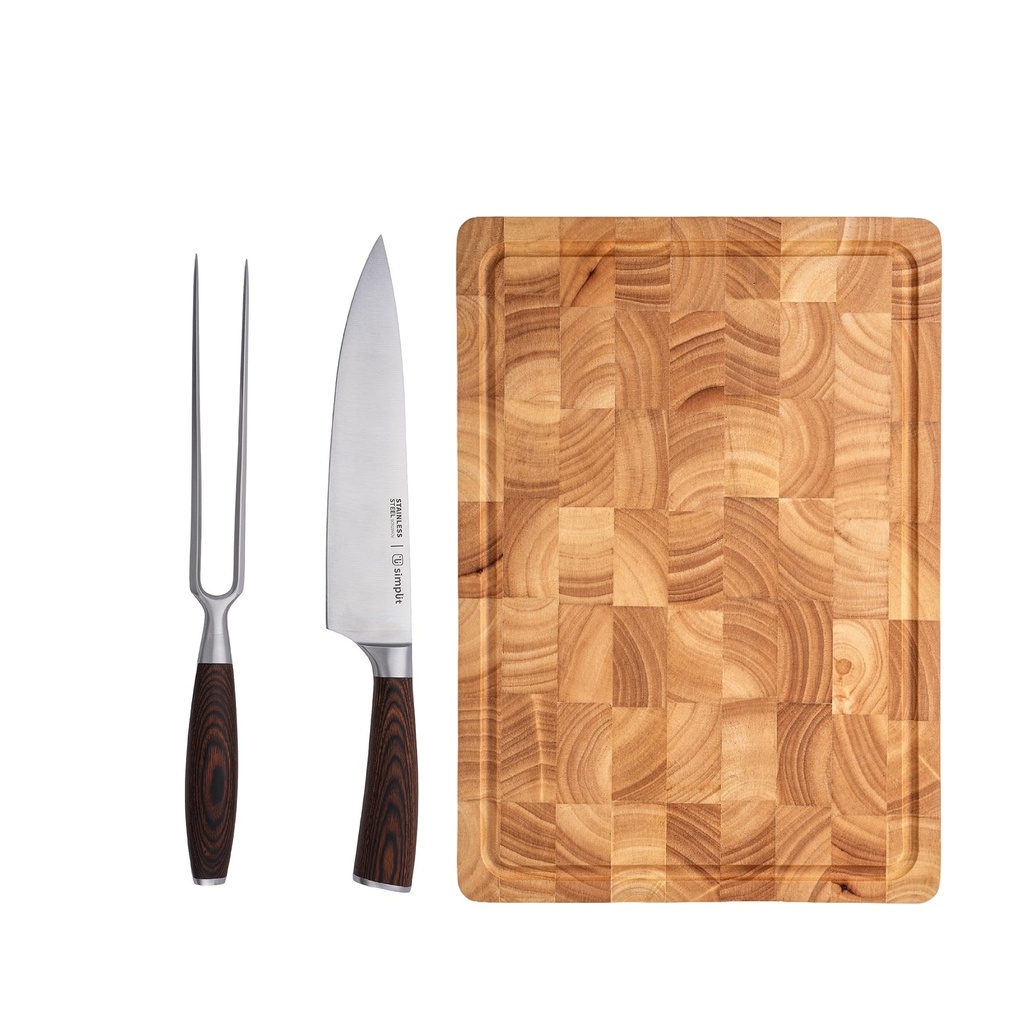 Pack Parrillero Cuchillo 21cm y Tenedor + Tabla 40x28cm Simp 7