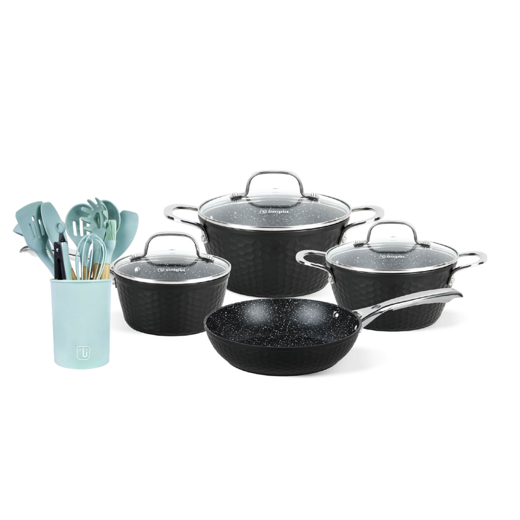 Batería Cocina Black Copper 7pzs + Set 12 Utensilios Calipso (estudio)