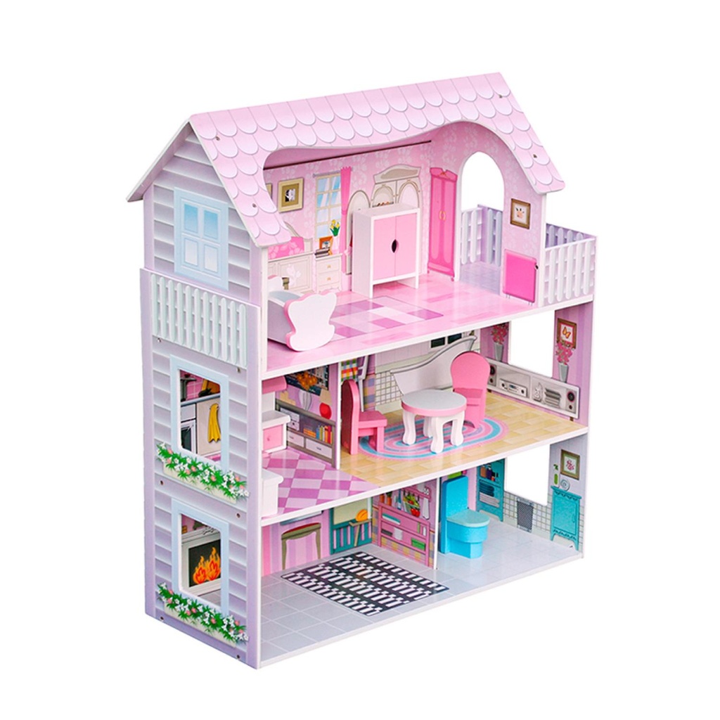 Casa De Muñecas Clásica Madera Rosada Con Accesorios Bandú (estudio)