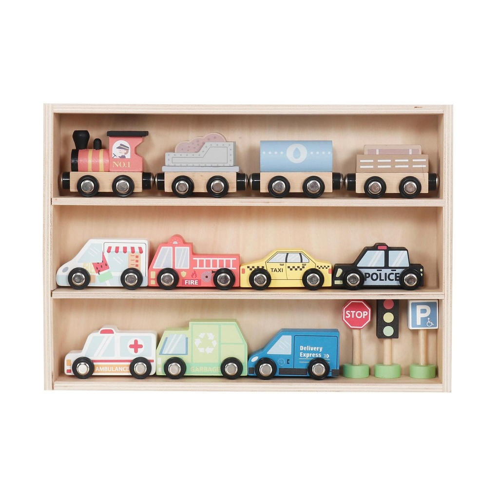 Set Autos de Juguete Tren Pista y Señaleticas Madera Bandú (estudio)
