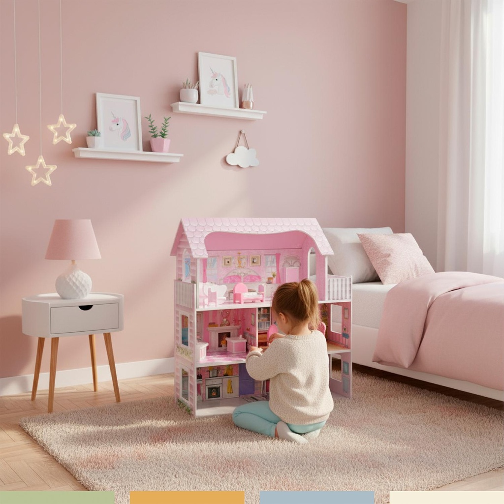 Casa De Muñecas Clásica Madera Rosada Con Accesorios Bandú