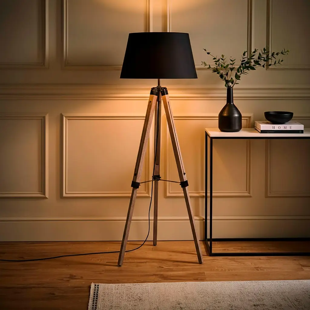 Lámpara de Pie Trípode Rodo Madera Negra 145 cm Atmosphera