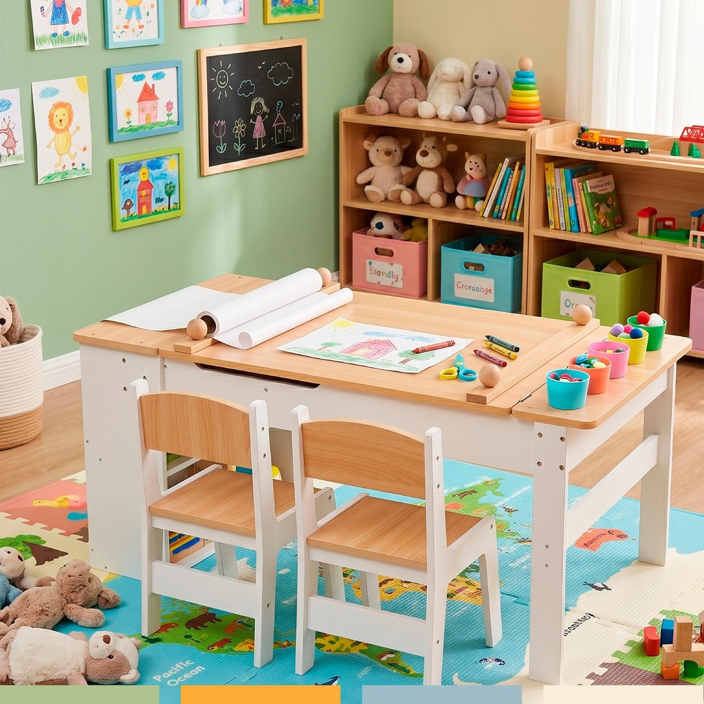 Set Mesa y 2 Sillas Infantil Madera con Cajones Bandú