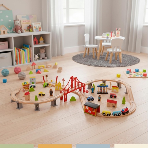 Pista de Autos y Tren de Madera Juego Didactico 70pcs Bandú